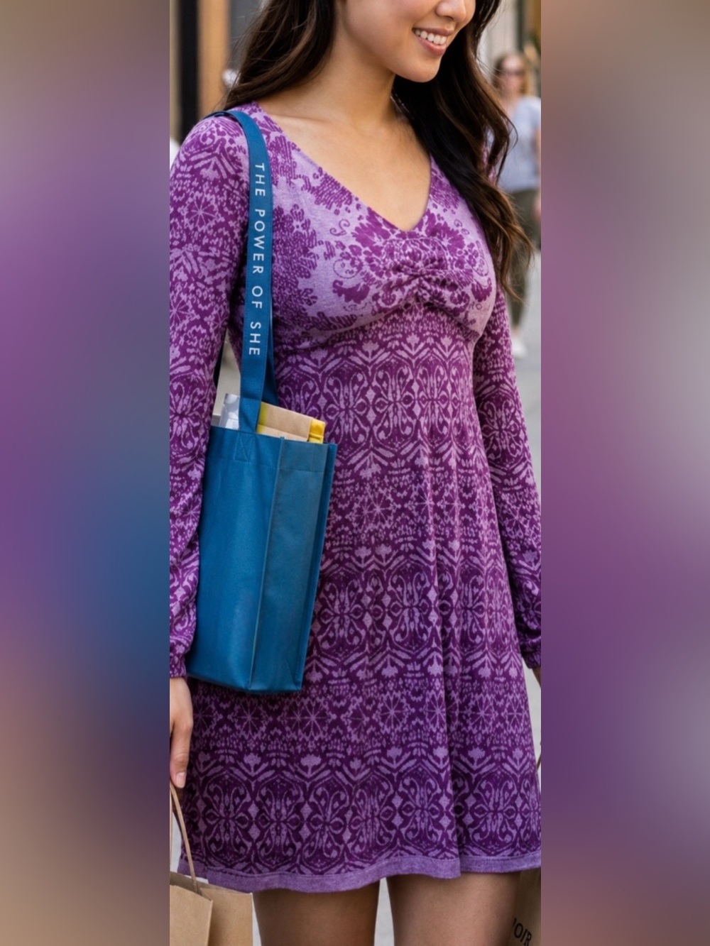 Athleta Hot Dress in Paisley Purple and Athleta Reusable Bag